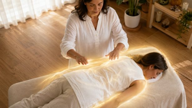Pranic Healing: sessione di guarigione energetica senza contatto con le mani sull'aura del ricevente